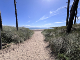 sandy path towards the sea. Mountains in the background Ross Woodhall - Action & Lifestyle Photography